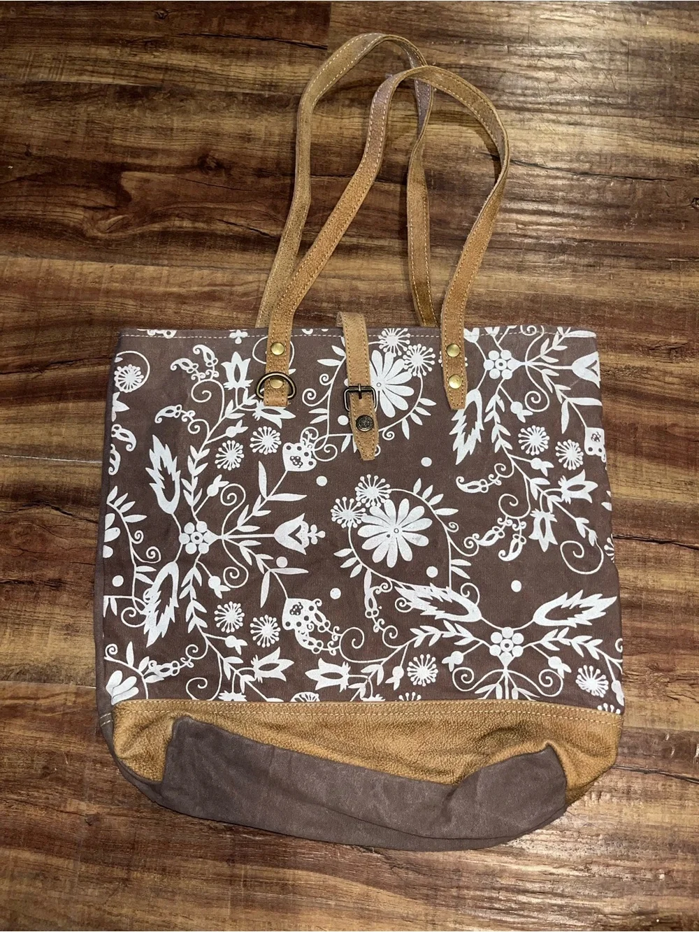 Myra Bag Canvas Large Floral Tote Bag with Tan Trim